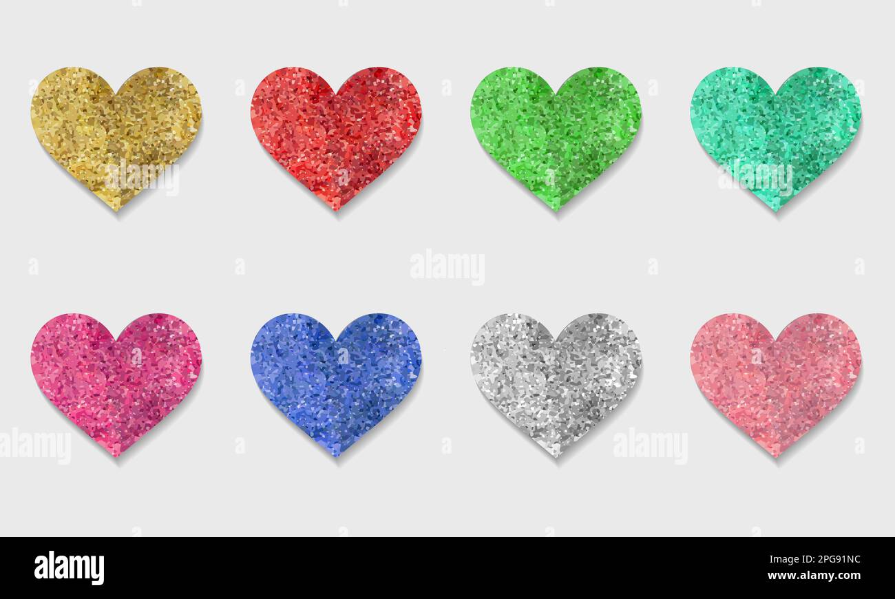 Set decorativo con cuori lucenti. Rosa, oro, rosa, oro, blu, argento, rosso, menta lucida forma scintillante. Illustrazione vettoriale per Web, banner Illustrazione Vettoriale