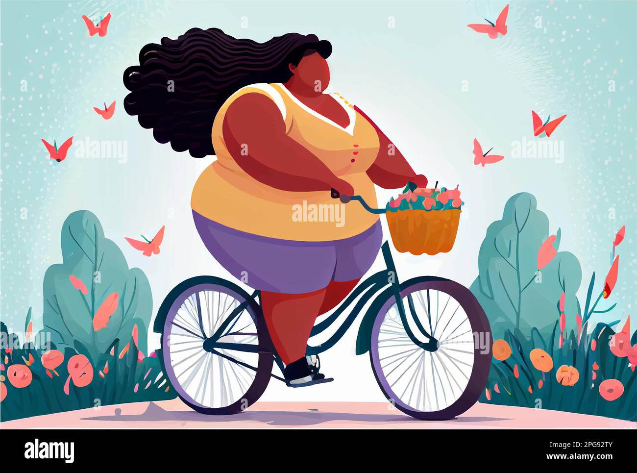 illustrazione vettoriale di una donna afro americana in bicicletta in un parco sprang Illustrazione Vettoriale