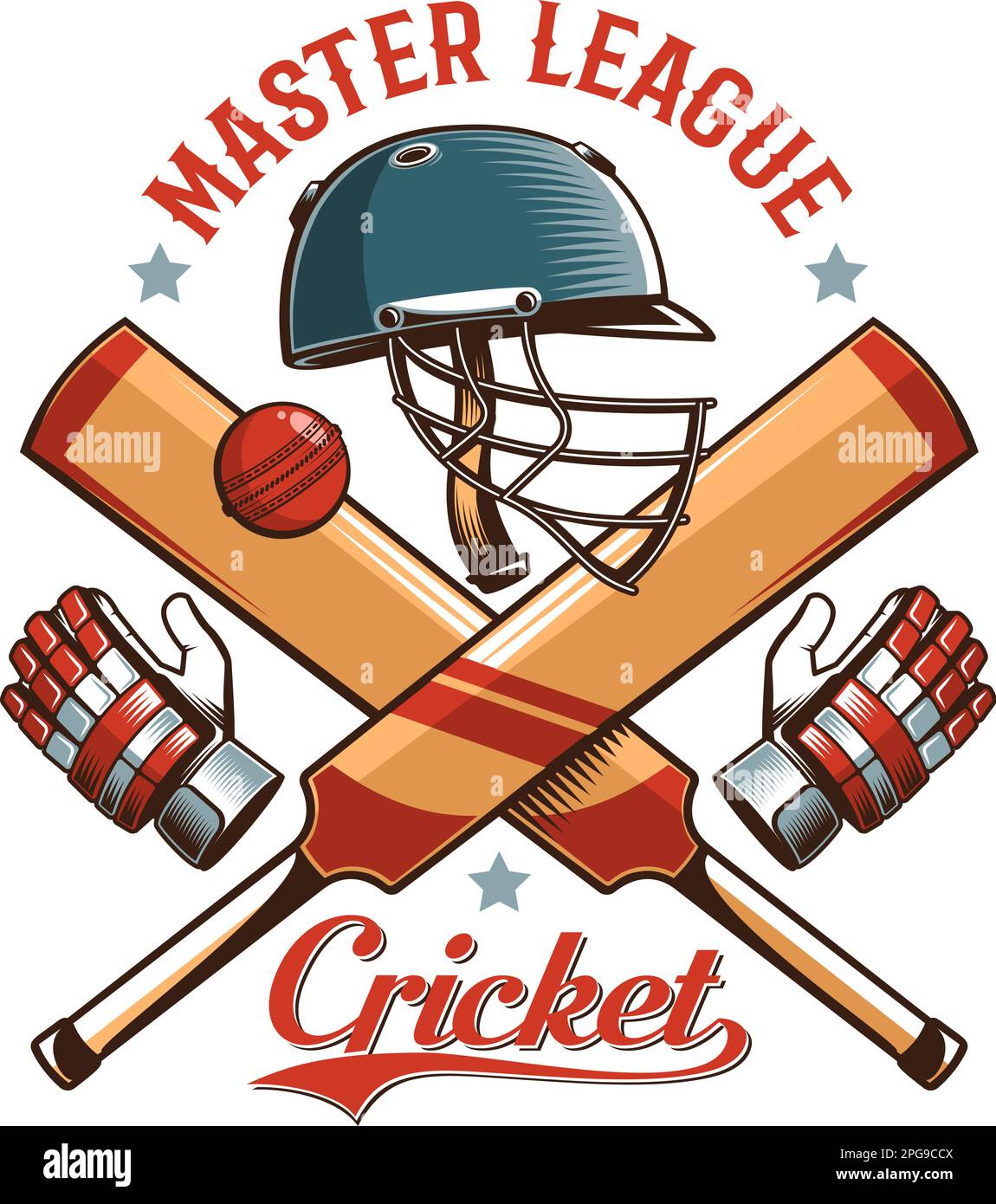 Logo Cricket retro con casco, bat e palla Illustrazione Vettoriale