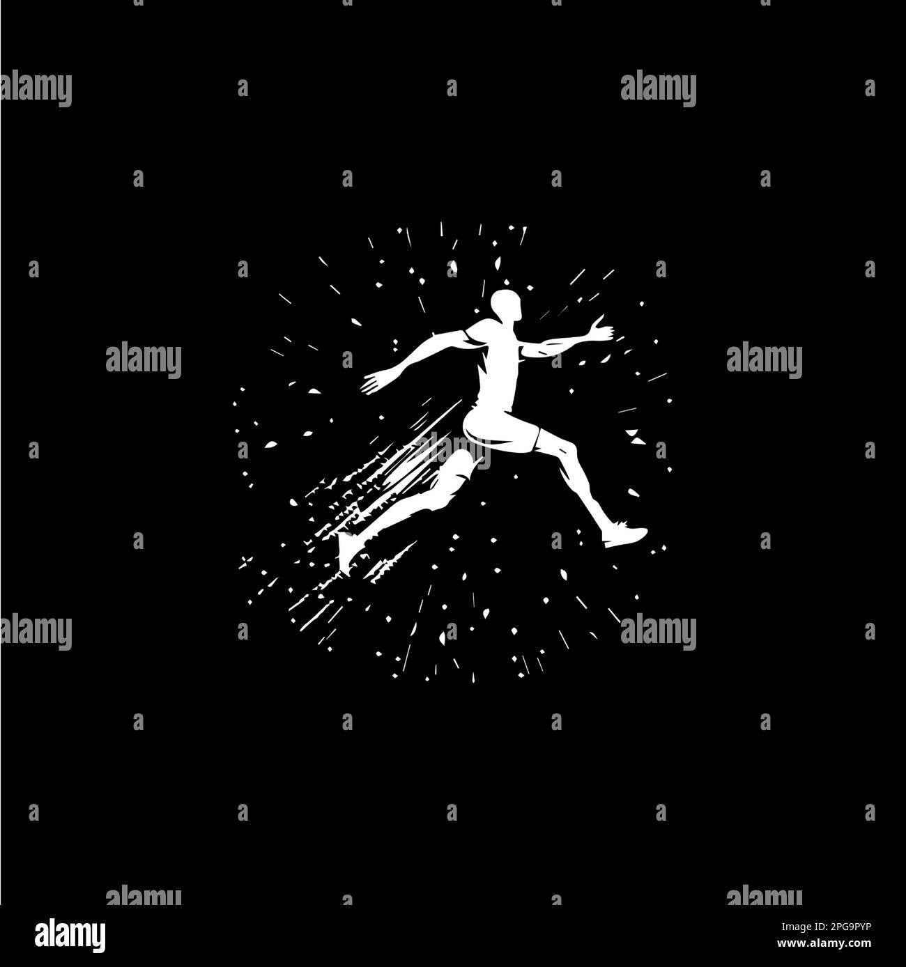 Icona bianca della silhouette del ponticello su sfondo nero, modello di logo sportivo, concetto moderno del logotipo di jogging o di salto, stampa di t-shirt, tatuaggio Illustrazione Vettoriale