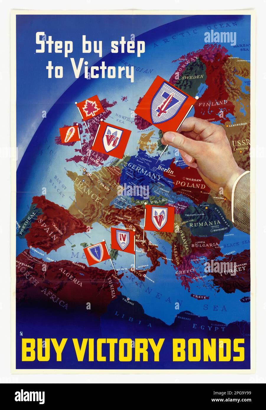 Step by Step to Victory - Acquista Victory Bonds. 1942 - 1945. Ufficio per la gestione delle emergenze. Ufficio delle informazioni di guerra. Filiale operazioni nazionali. Ufficio servizi speciali. 3/9/1943-9/15/1945. Manifesti stranieri della seconda guerra mondiale Foto Stock