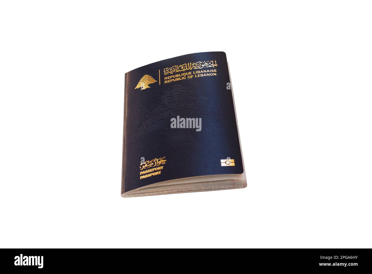 Passaporto libanese su sfondo bianco, Repubblica del Libano, Repubblica Libanaise, Libano, Beirut, Tripoli, crisi libanese Foto Stock