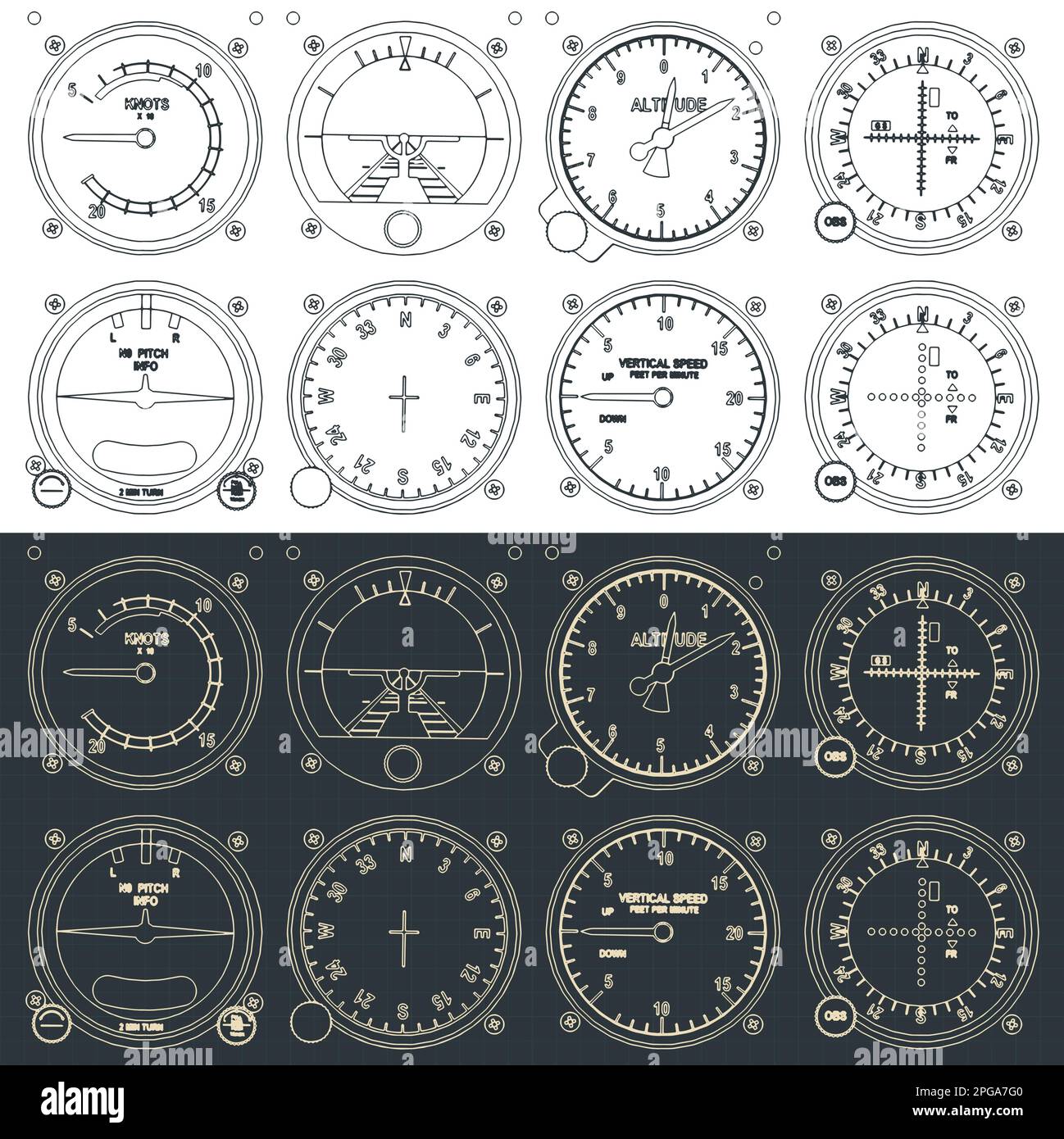 Illustrazione vettoriale stilizzata di progetti del pannello di controllo dell'aereo Illustrazione Vettoriale