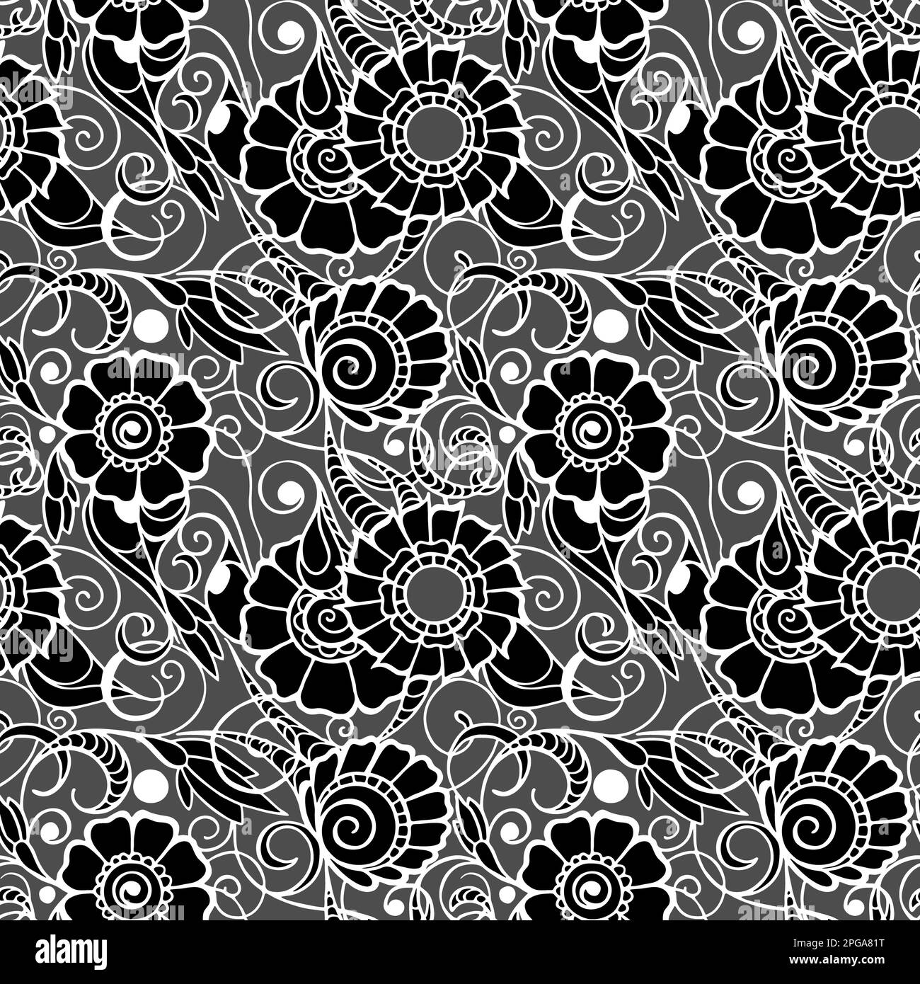 motivo senza cuciture di grandi fiori neri con un contorno bianco su uno sfondo grigio, texture, design Foto Stock