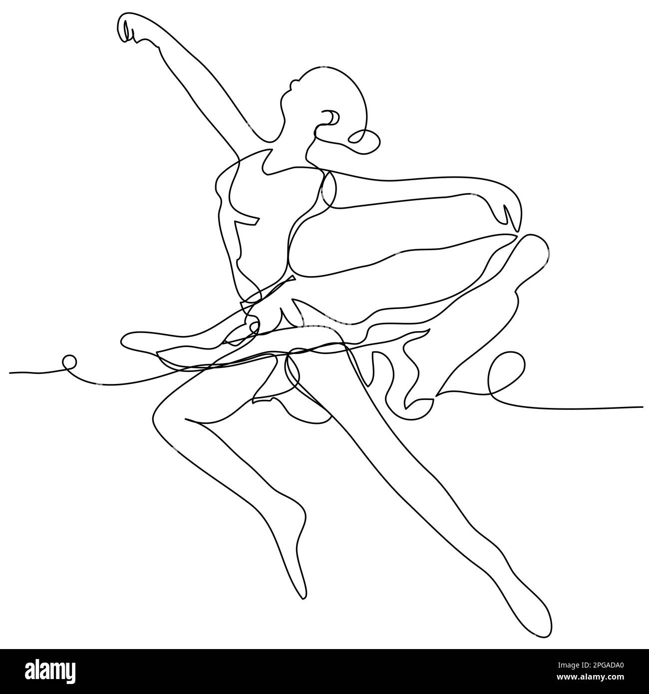 Una ballerina che salta in un vestito fino in cima in una linea su uno sfondo bianco. Danza concettuale ragazza. Illustrazione vettoriale stock con tratto modificabile. Illustrazione Vettoriale