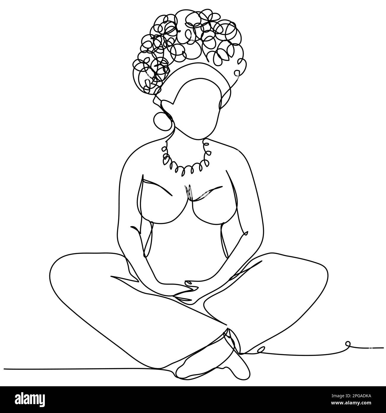 Una donna incinta con ricci siede in posizione loto su una riga su uno sfondo bianco. Illustrazione Vettoriale