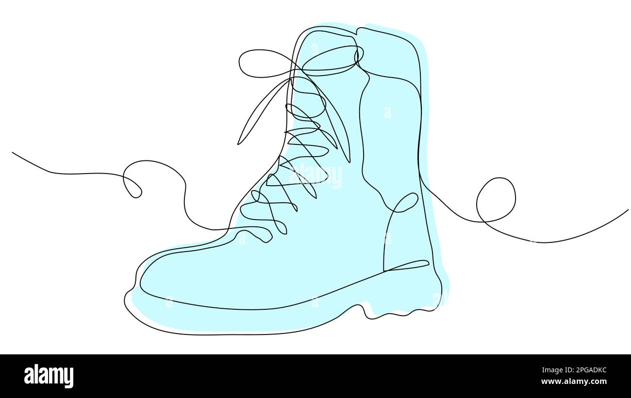 Stivale a una linea con silhouette blu su sfondo bianco. Immagine minimalista con le scarpe. Illustrazione vettoriale stock con tratto modificabile. Illustrazione Vettoriale