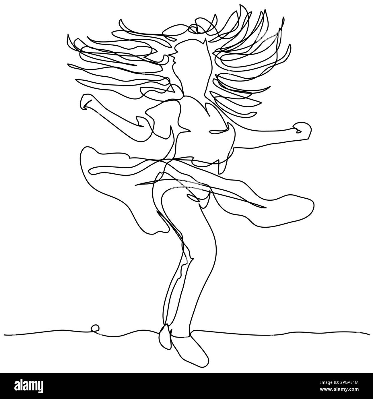Ballerina con capelli lisci e vestito in una linea su sfondo bianco. Ragazza che fa ballare. Illustrazione vettoriale stock con tratto modificabile. Illustrazione Vettoriale