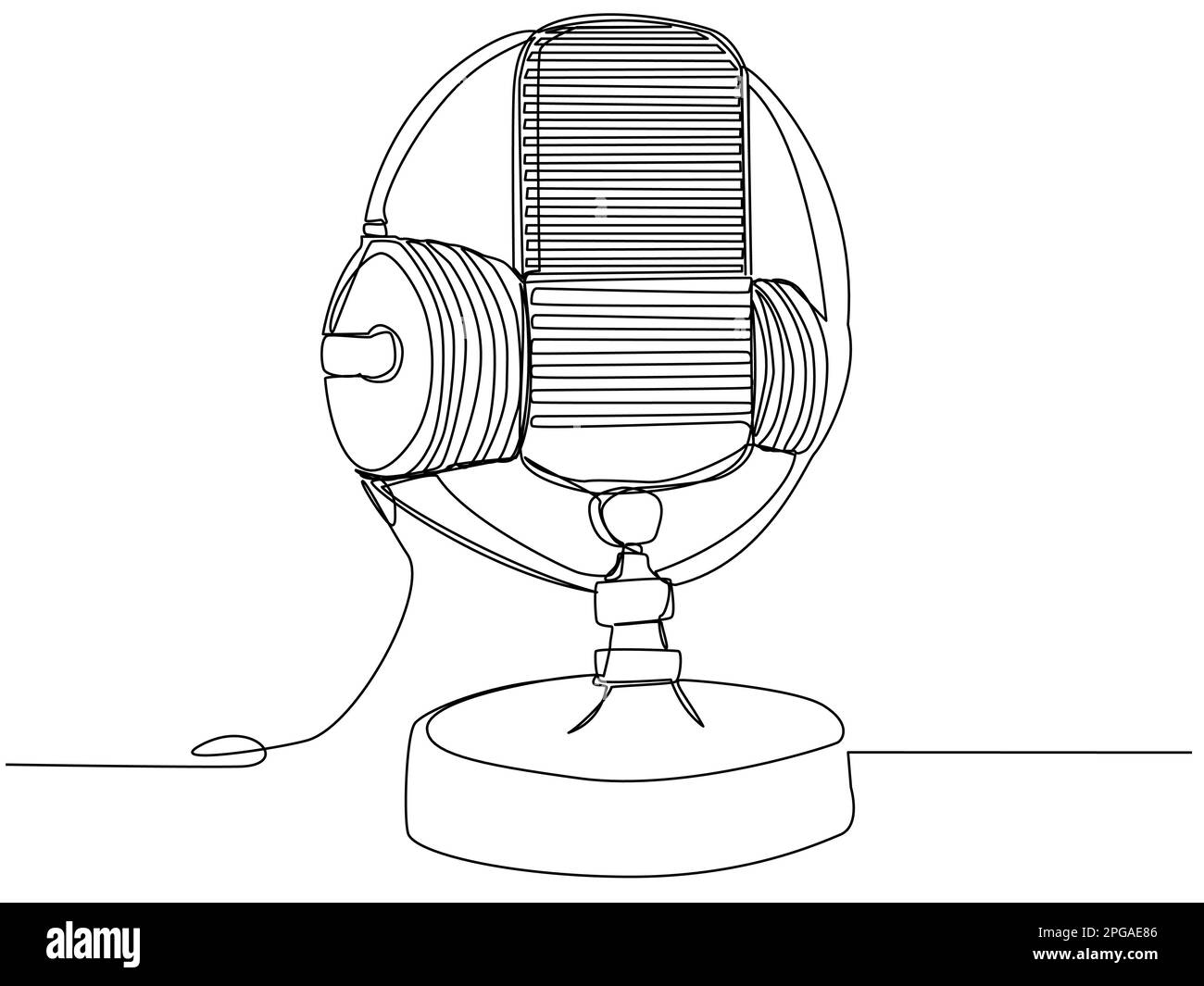 Microfono rotondo da studio con cuffie in una riga su sfondo bianco. Il concetto di podcast audio, streaming, registrazione in studio, radio broadcast. St Illustrazione Vettoriale