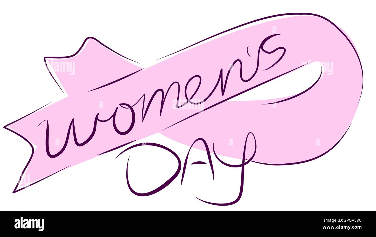 Women's Day Pink linea d'arte nastro su sfondo bianco. Simbolo della lotta contro il cancro al seno. Illustrazione vettoriale stock con tratto modificabile. Illustrazione Vettoriale