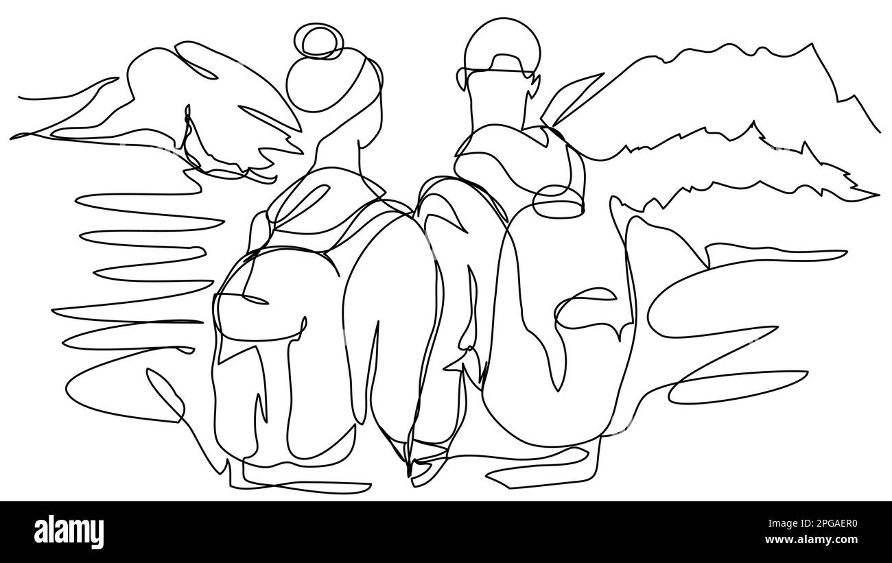 Due turisti con zaini in montagna in una linea su uno sfondo bianco. Coppia concettuale di viaggiatori in natura. Illustrazione vettoriale stock wi Illustrazione Vettoriale