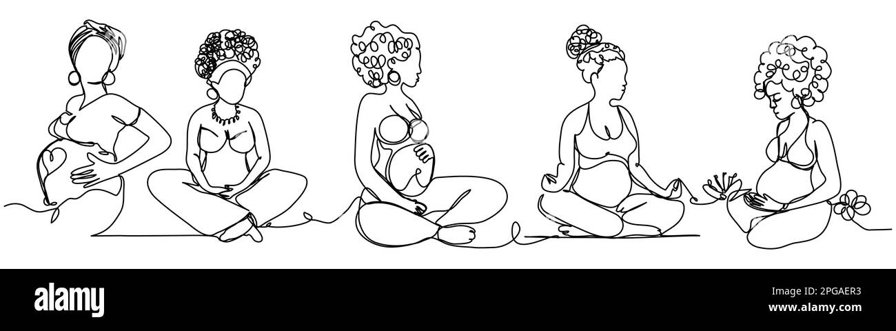 Donne incinte nella posa di una sola linea su sfondo bianco. Illustrazione Vettoriale