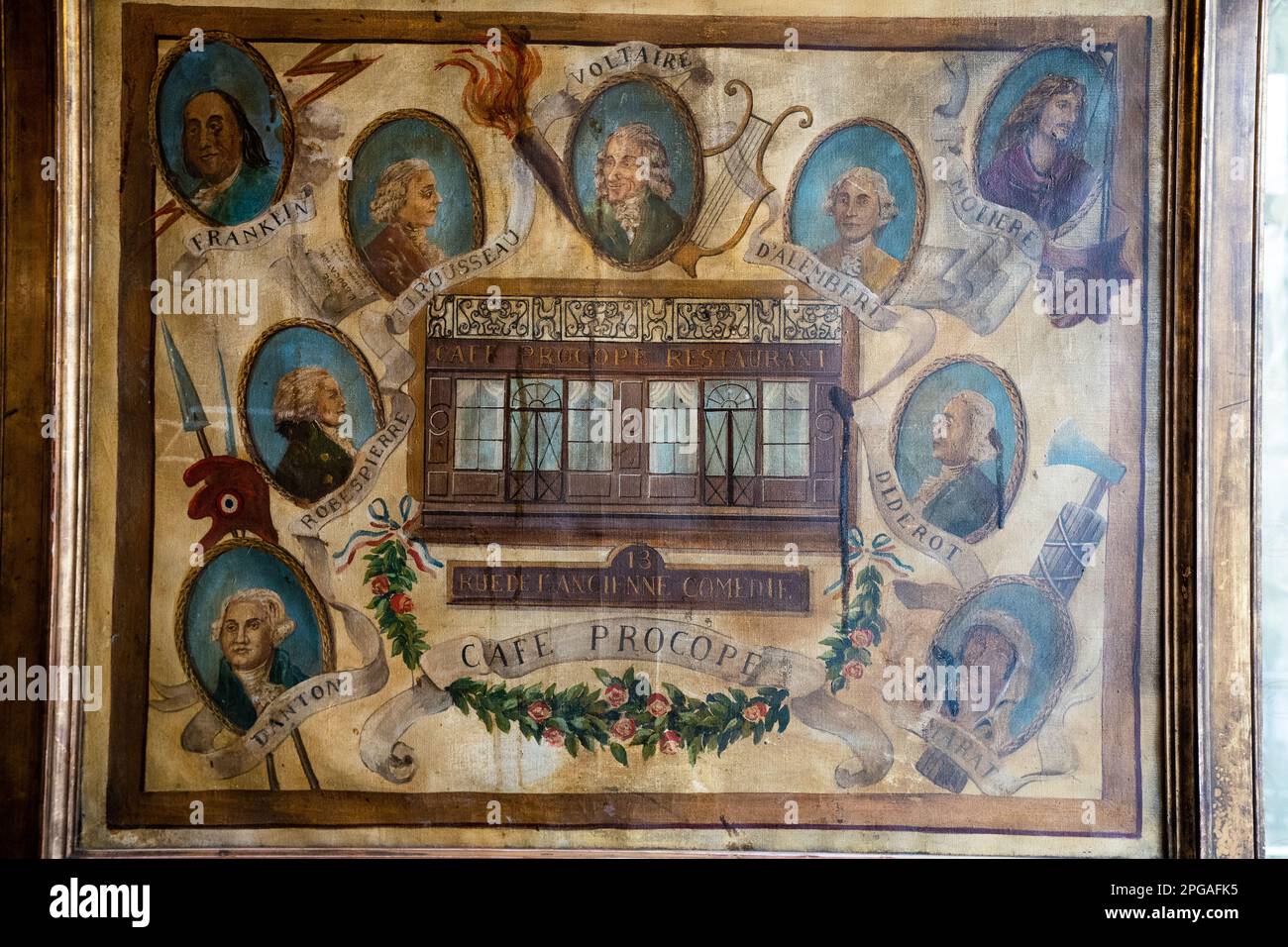 Ristorante le Procope a Parigi, Francia. Il più antico caffè di Parigi nel cuore di Saint-Germain. Foto Stock