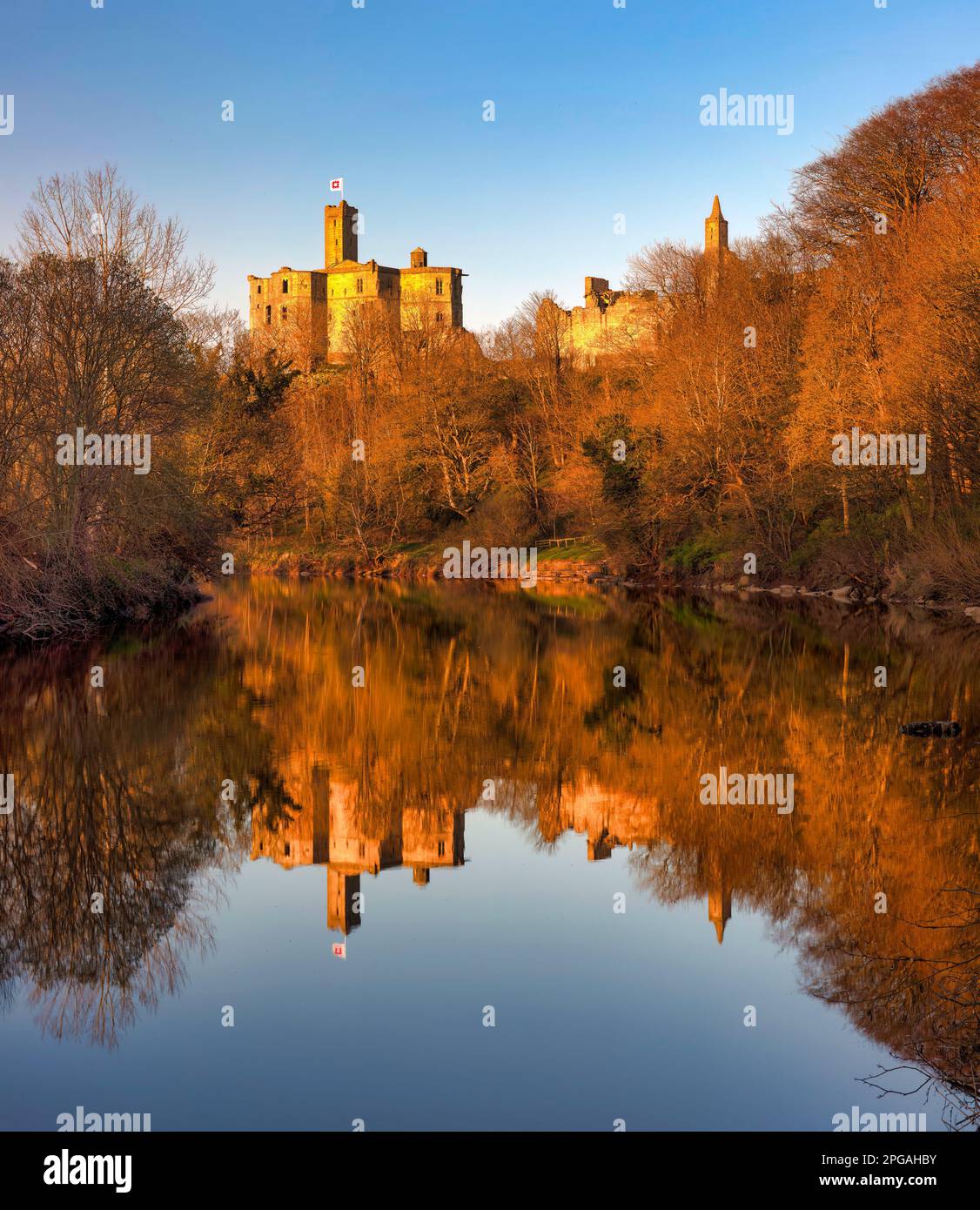 Warkworth Castello riflesso nel fiume coquet al tramonto in primavera, Warkworth, Northumberland Foto Stock