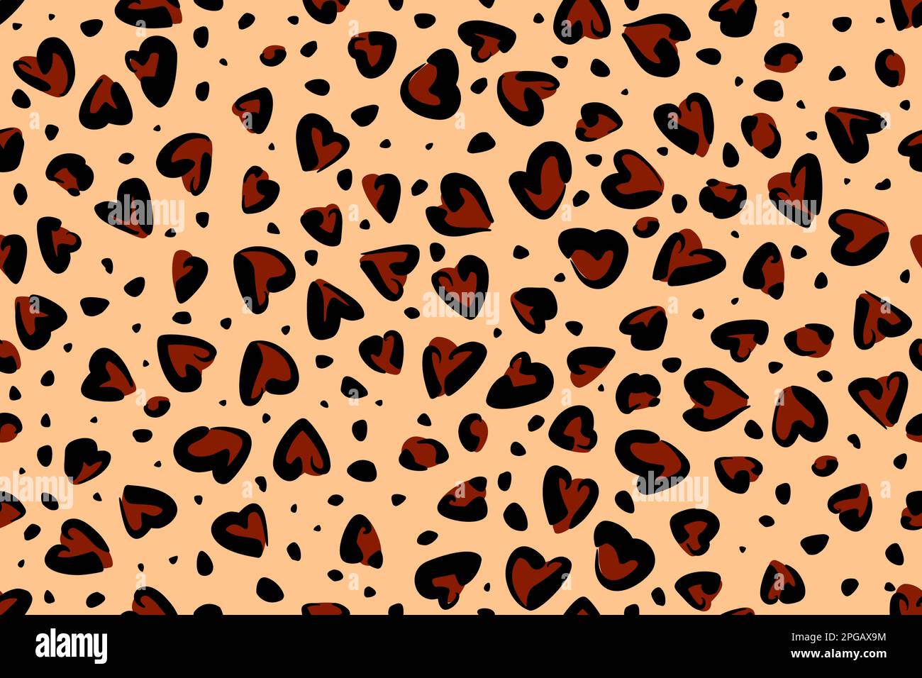 Motivo in pelliccia di leopardo senza cuciture con macchie a forma di cuore. Illustrazione Vettoriale
