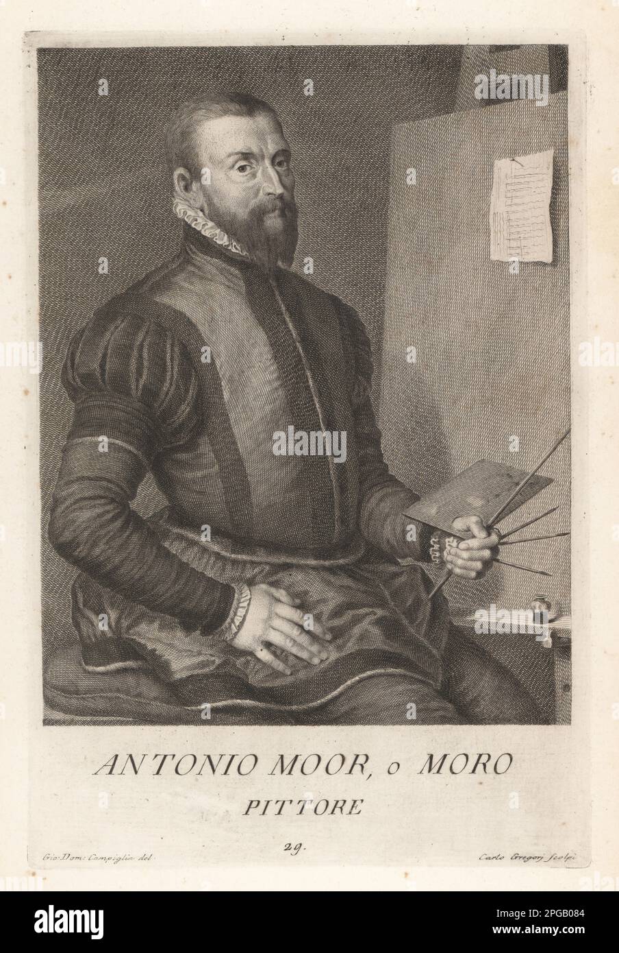 Antonis Mor, o Anthonis Mor van Dashorst o Antonio Moro, pittore di corte olandese, c.1517-1577. Raffigurato di fronte a una tela su un cavalletto in colletto in ruff, doppietto con maniche soffiate, pennelli e palette. Antonio Moor, Pittore. Incisione in copperplate di Carlo Gregori dopo Giovanni Domenico Campiglia dopo un autoritratto dell'artista del Museo Florentino di Francesco Moucke, Serie di Ritratti de Pittori (Serie di ritratti di pittori) stamperia Mouckiana, Firenze, 1752-62. Foto Stock