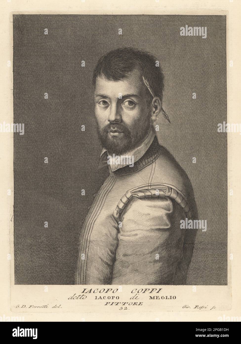Jacopo Coppi, o Giacomo Coppi, pittore italiano di storia, attivo principalmente a Firenze e Roma, 1523-1591. Con un pennello dietro l'orecchio. Iacopo del Miglio, Pittore. Incisione in copperplate di Girolamo Rossi dopo Giovanni Domenico Campiglia dopo un autoritratto dell'artista dal Museo Florentino di Francesco Moucke, Serie di Ritratti de Pittori (Serie di ritratti di pittori) stamperia Mouckiana, Firenze, 1752-62. Foto Stock