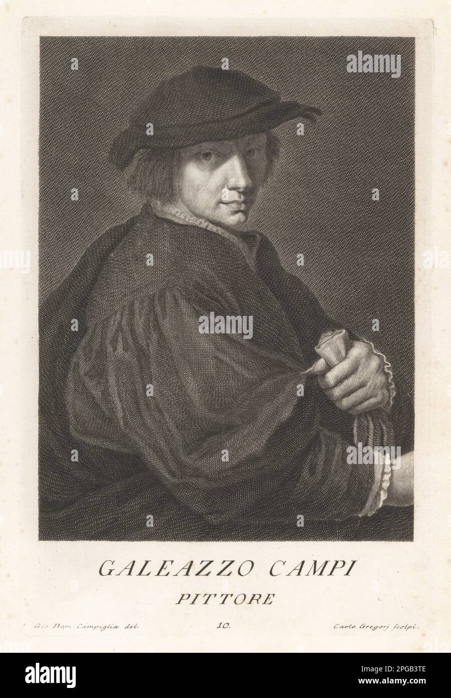 Galeazzo campi, pittore italiano del Rinascimento di Cremona in Lombardia, circa 1475-1536. Allievo di Boccaccio Boccaccini. I suoi dipinti si trovano nelle chiese di San Sigismondo, San Sebastiano e Sant'Agata, Cremona. Galeazzo campi di Cremona. Incisione in copperplate di Carlo Gregori dopo Giovanni Domenico Campiglia dopo un autoritratto dell'artista del Museo Florentino di Francesco Moucke, Serie di Ritratti de Pittori (Serie di ritratti di pittori) stamperia Mouckiana, Firenze, 1752-62. Foto Stock