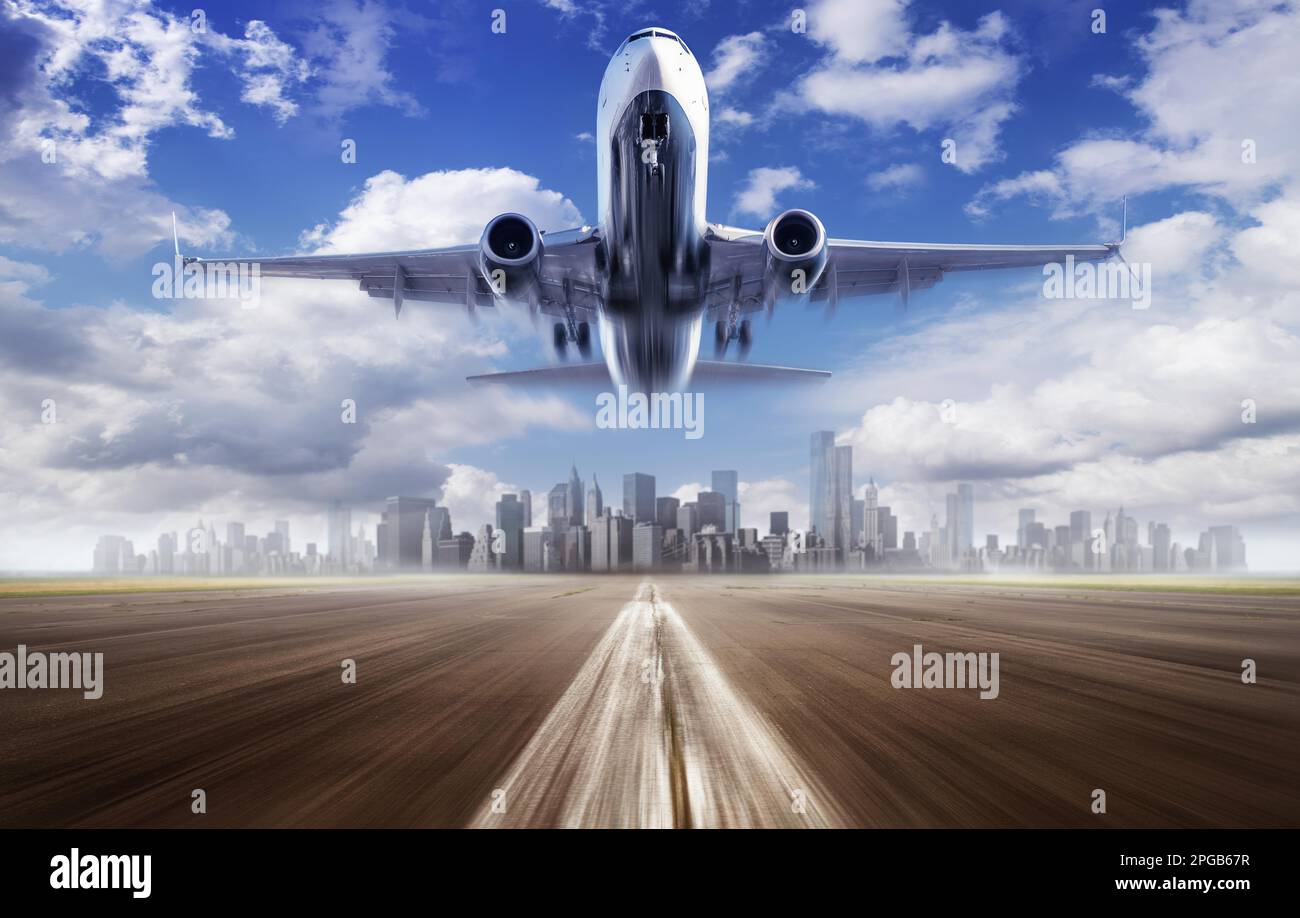 decollare di un aereo moderno contro lo skyline della città Foto Stock
