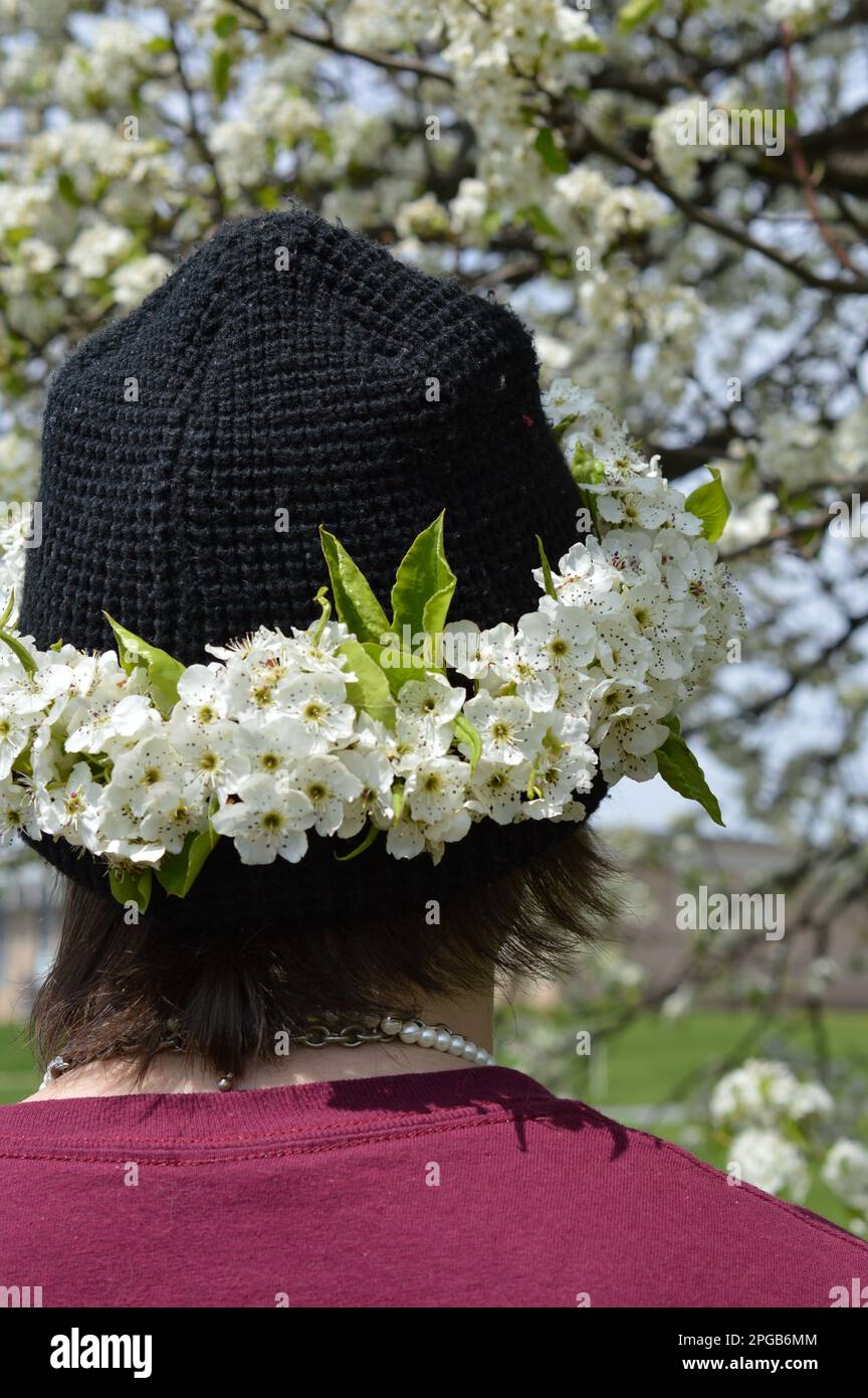 amico con una corona di fiori che indossa un cappello da obbedire Foto Stock