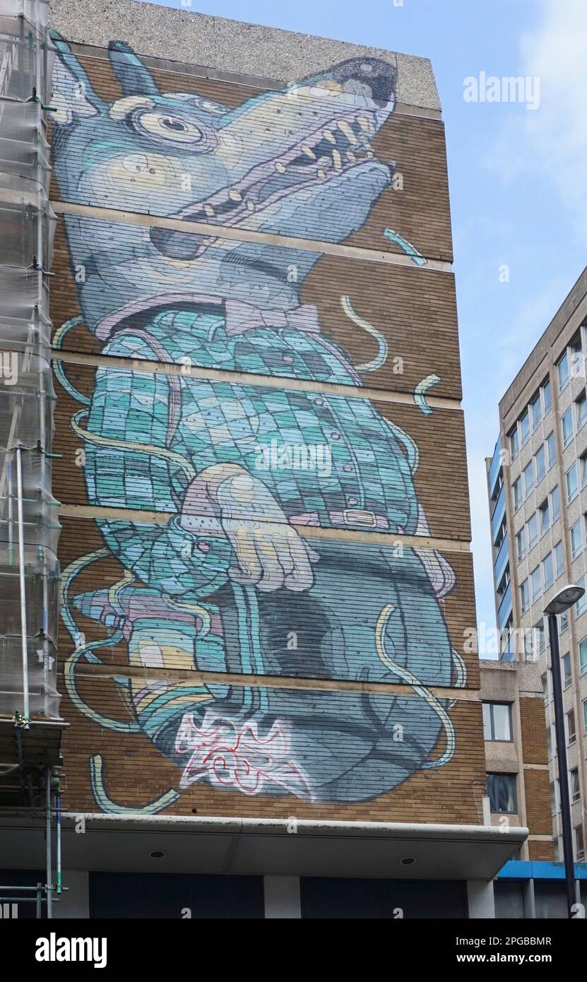 Wolf, Street Art di Aryz, Bristol, Inghilterra, Gran Bretagna Foto Stock