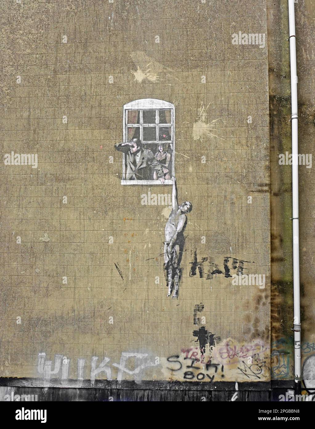 Bene Hung amante di Banksy, Street Art, Bristol, Inghilterra, Gran Bretagna Foto Stock