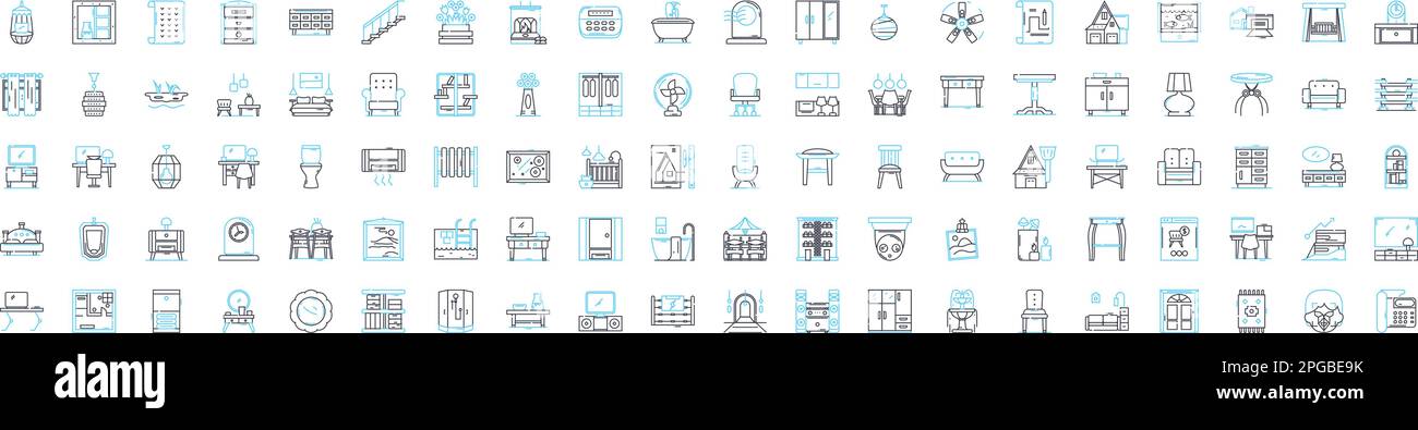 Set icone linea vettoriale mobili. Mobili, Sedie, Tavoli, Divani, scrivania, Sgabelli, illustrazioni armadio delineano simboli e segni concettuali Illustrazione Vettoriale
