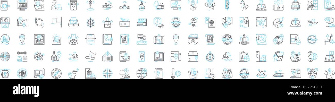 Set di icone delle linee vettoriali per il trasporto globale. Logistica, flotta, spedizione, carico, movimento, Mobilità, distribuzione illustrazione delineare i simboli dei concetti Illustrazione Vettoriale