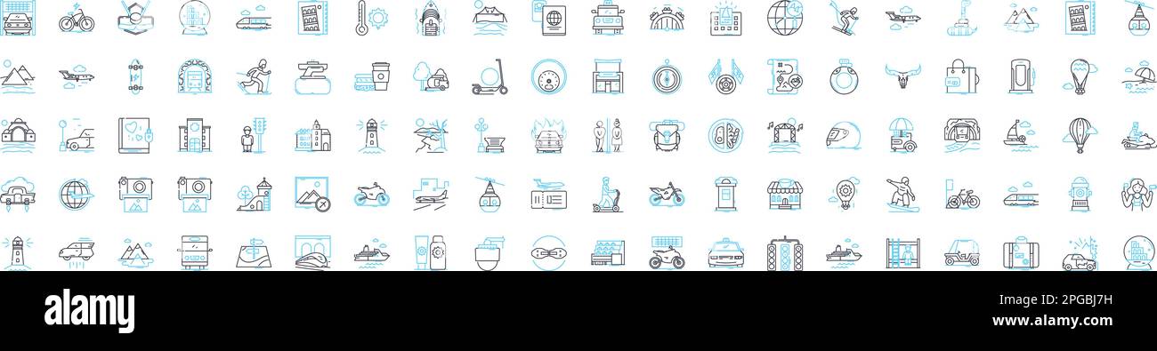 Icone linea vettoriale di marcia lenta impostate. Lento, Viaggi, sostenibile, Ecoturismo, responsabile, Illustrazione locale basata sulla comunità, simboli del concetto di contorno e. Illustrazione Vettoriale