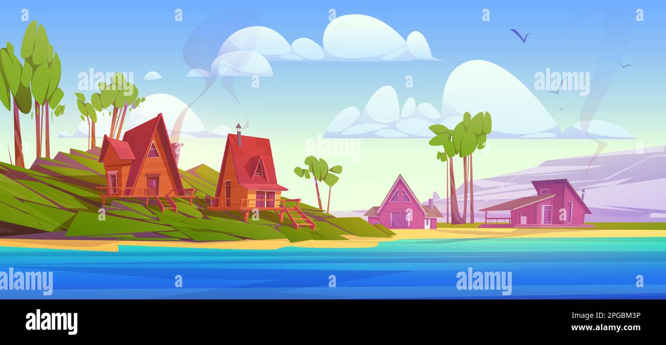 Accoglienti case in legno vicino al lago di montagna. Cartoni animati vettoriali raffigurazione di un bellissimo paesaggio naturale, capanne glamping su una collina verde, alberi alti, superficie d'acqua blu, uccelli che volano nel cielo. Scena ricreativa Illustrazione Vettoriale