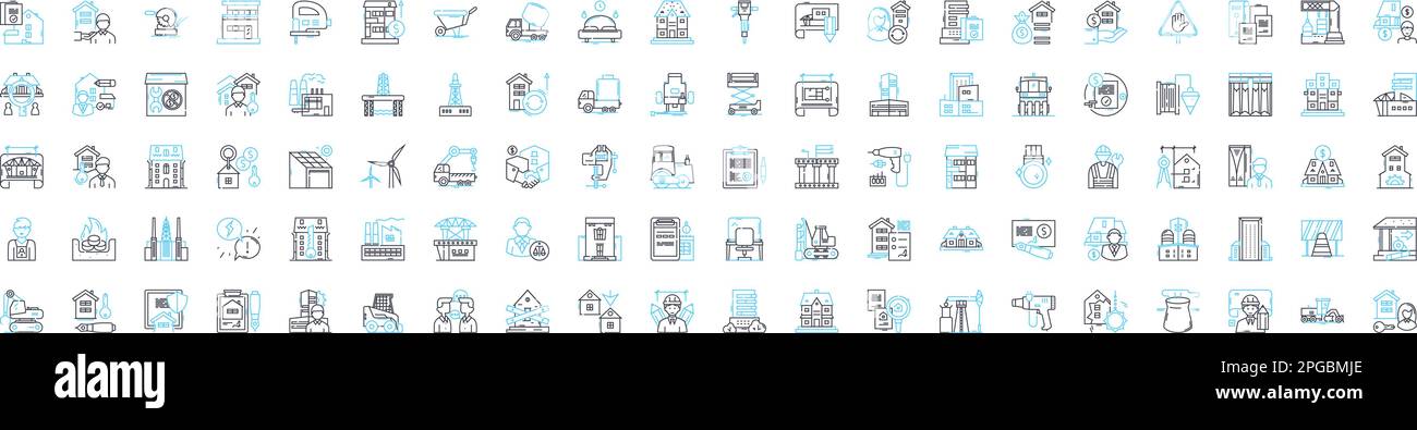 Set di icone di linee vettoriali per la costruzione di città. Urbanizzazione, architettura, infrastrutture, costruzione, riqualificazione, pianificazione, illustrazione della crescita Illustrazione Vettoriale