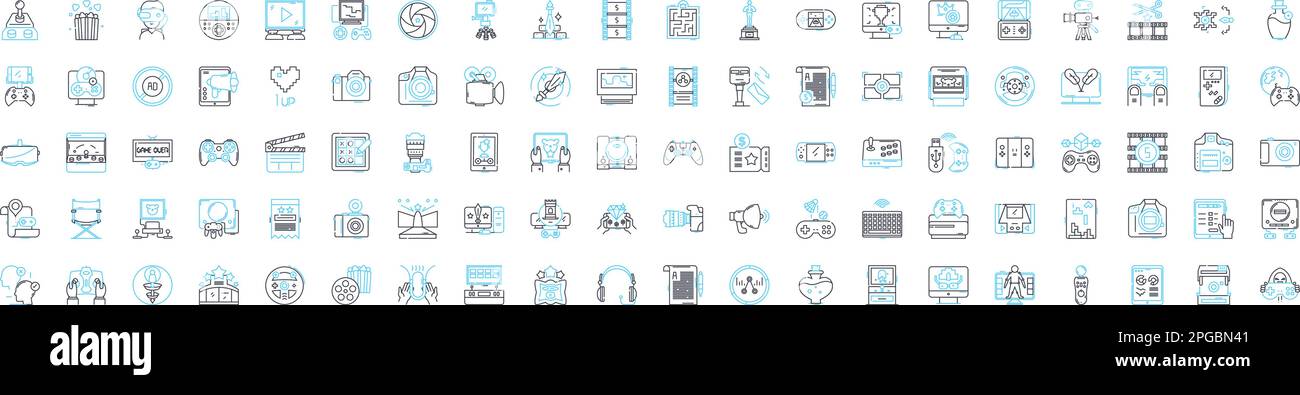 Set icone linea vettoriale studio produzione audio video. Registrazione, mixaggio, Mastering, editing, duplicazione, Trasmissione, schema di illustrazione degli annunci pubblicitari Illustrazione Vettoriale