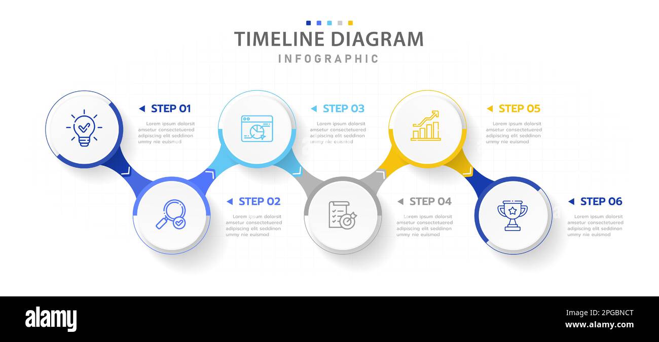 Modello infografico per le aziende. 6 passi Modern Timeline diagramma roadmap con percorsi circoli connessi, presentazione di un'infografica vettoriale. Illustrazione Vettoriale
