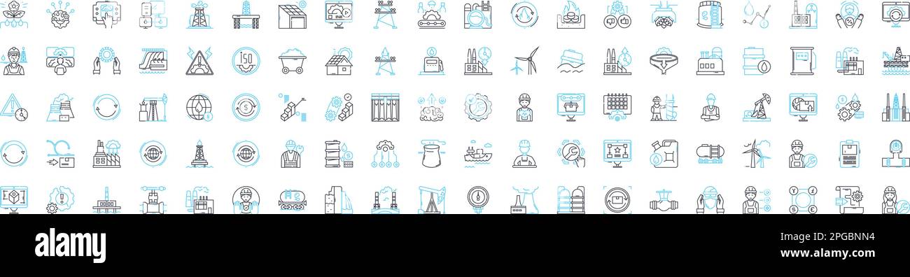 Icone delle linee vettoriali impostate in fabbrica. Fabbrica, fabbricazione, pianta, produzione, mulino, Officina, illustrazione dell'assemblaggio delineano i simboli e i segnali dei concetti Illustrazione Vettoriale