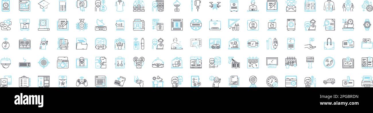 Set di icone di linee vettoriali per dispositivi Office. Stampanti, copiatrici, computer, monitor, scanner, Fax, telefoni illustrazione dei simboli e dei simboli dei concetti Illustrazione Vettoriale