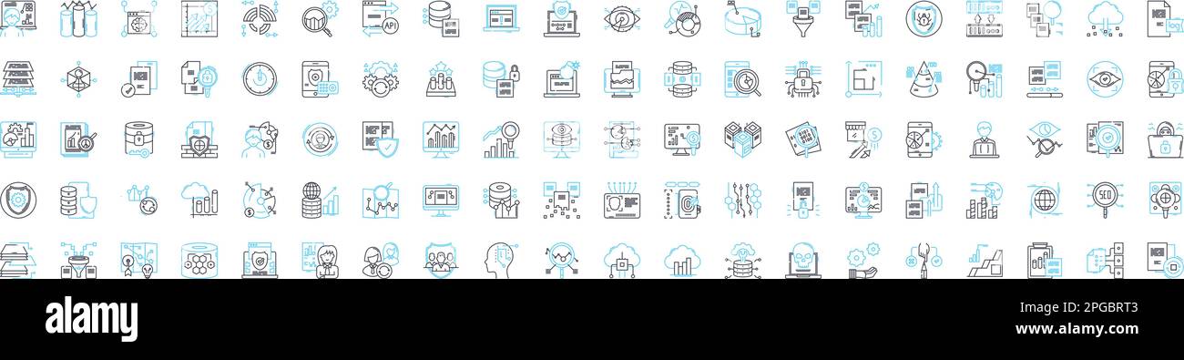 Set di icone delle linee vettoriali del database. Database, SQL, MySQL, Oracle, Access, MongoDB, illustrazione PostgreSQL delineano simboli e segni concettuali Illustrazione Vettoriale