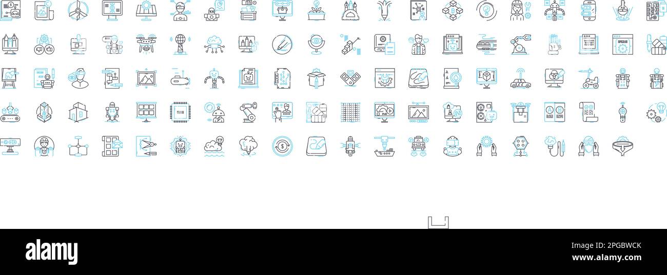 Set di icone di linee vettoriali per sistemi autonomi. Autonomo, sistemi, robotica, ai, senza pilota, Apprendimento, illustrazione intelligente delineare i simboli dei concetti e. Illustrazione Vettoriale
