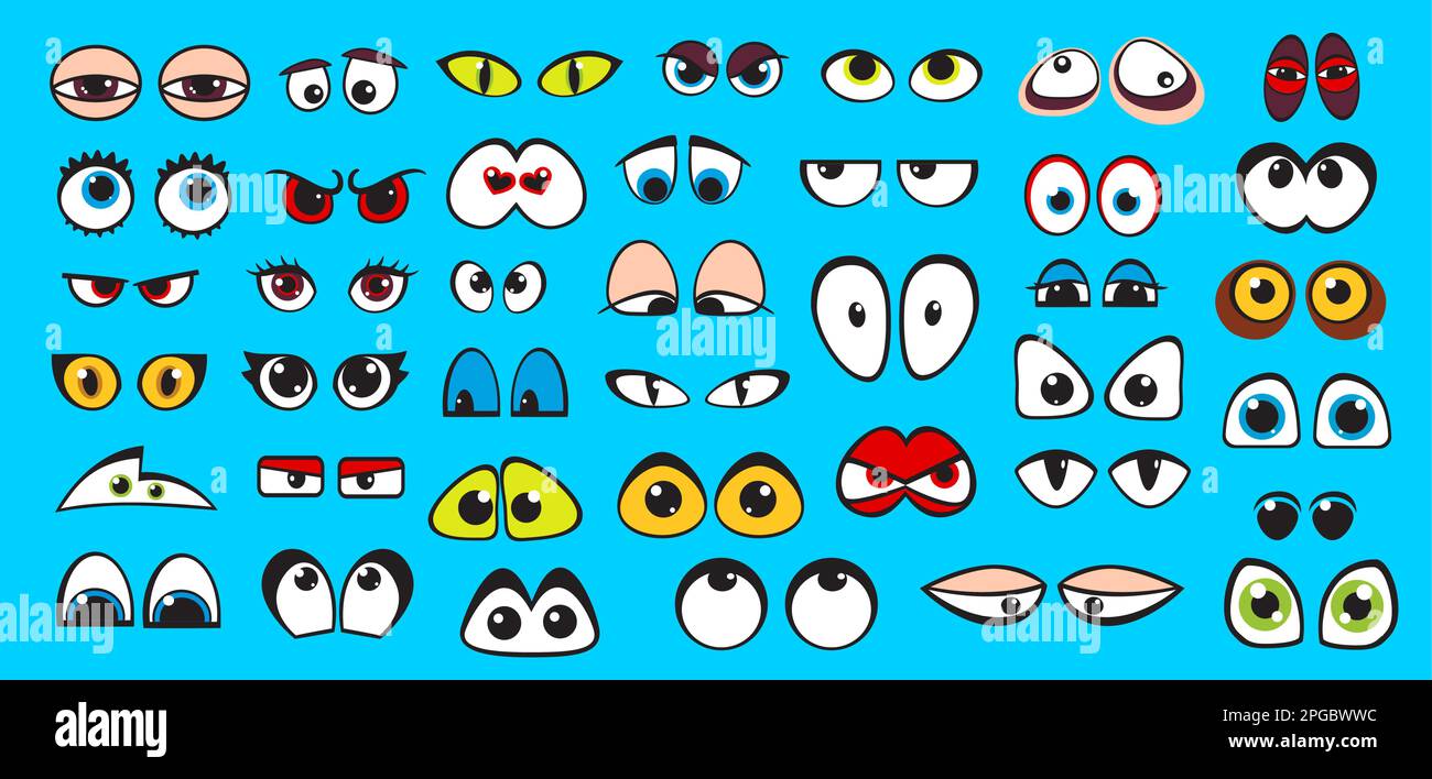Fumetti occhi personaggi. Emoticon di espressione di emozioni vettoriali con occhi simpatici, divertenti, arrabbiati e pazzi, tristi e felici. Set di elementi facciali comici w Illustrazione Vettoriale