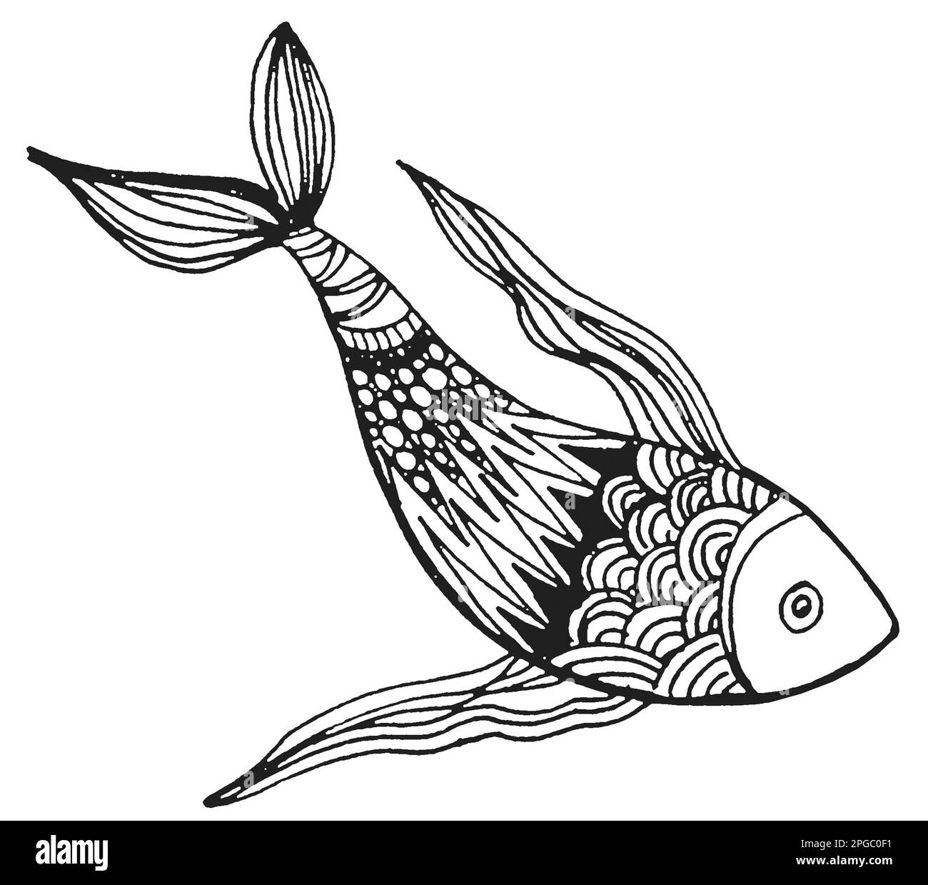 grafica pesce doodle, disegno a mano, illustrazione in bianco e nero, line art Foto Stock