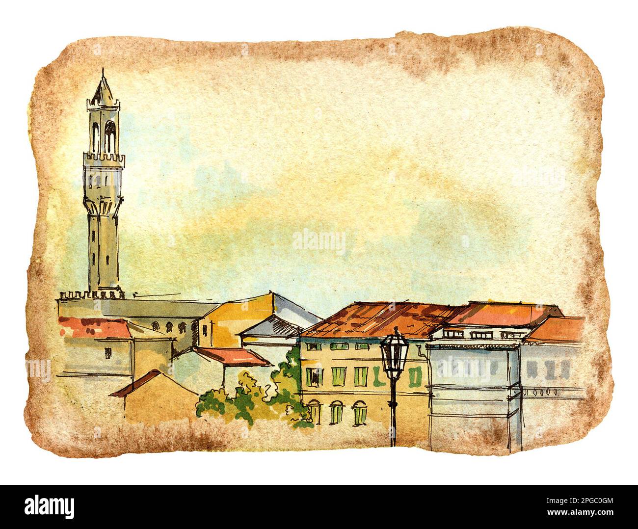Acquerello con città Firenze, Italia, carta vecchia testurizzata, disegno a mano Foto Stock