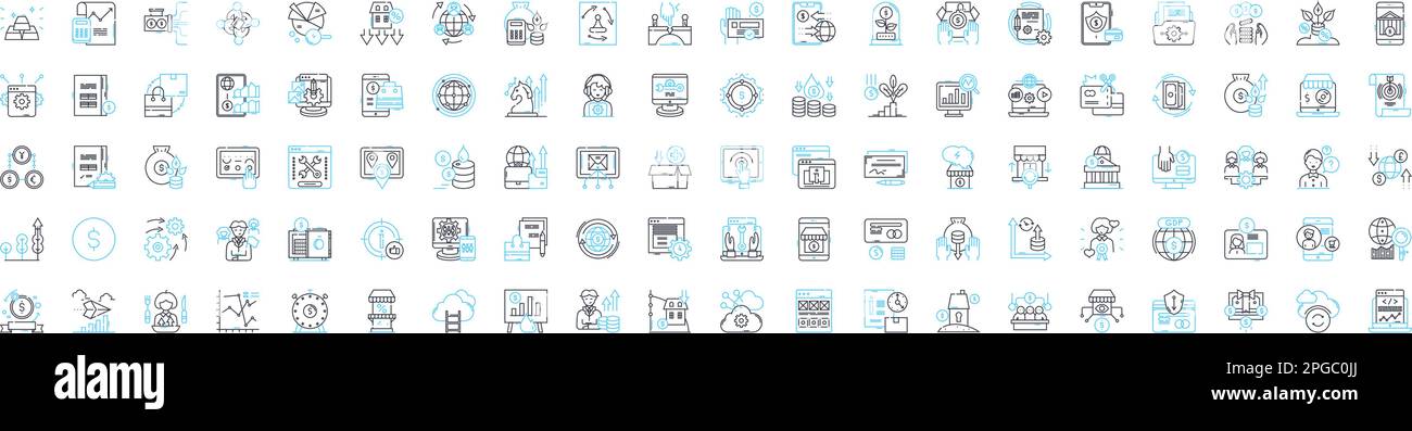 Set di icone delle linee vettoriali dell'economia sociale. Socioeconomia, disuguaglianza, benessere, povertà, lavoro, mercati, illustrazione ridistribuzione delineare concetto Illustrazione Vettoriale