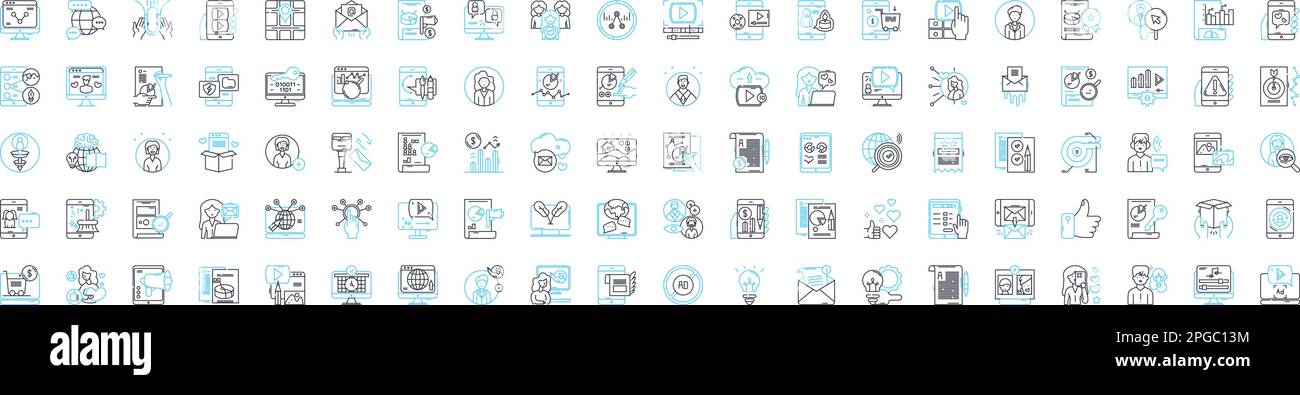 Set di icone delle linee vettoriali dei supporti digitali. Digitale, Media, tecnologia, Pubblicità, Social, Piattaforme, illustrazione in linea delineano i simboli e i segni di concetto Illustrazione Vettoriale