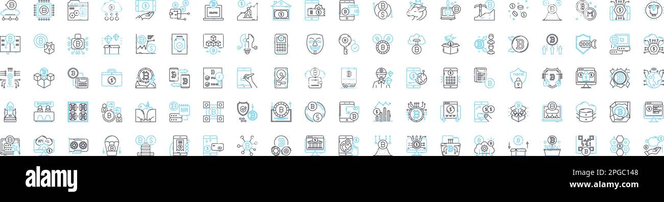 Icone di linee vettoriali di criptovaluta impostate. Criptovaluta, crittografia, denaro, digitale, valuta, Compra, vendi illustrazioni delineare simboli e segni di concetto Illustrazione Vettoriale