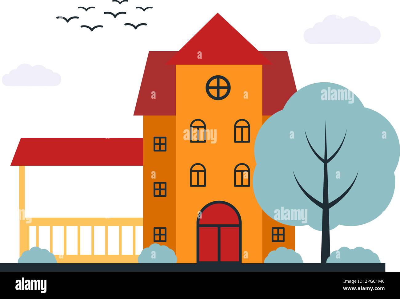 Vector casa a tre piani con ardesia rossa e finestre eps 10, Vector una grande casa con una tenda vicino ad essa e alberi e arbusti nel cortile eps 10 Illustrazione Vettoriale