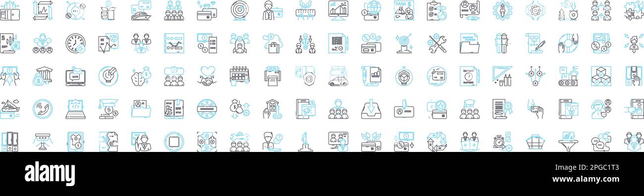 set di icone di linee vettoriali per la progettazione di office. Ufficio, Design, Mobili, interni, arredamento, Layout, illustrazione dell'organizzazione delineare simboli e segni concettuali Illustrazione Vettoriale
