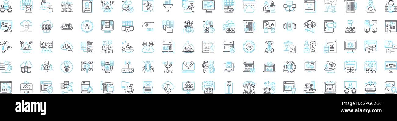 Set di icone delle linee vettoriali di rete. Rete, LAN, WAN, WiFi, Router, Hub, illustrazione Ethernet delineare simboli e segnali concettuali Illustrazione Vettoriale