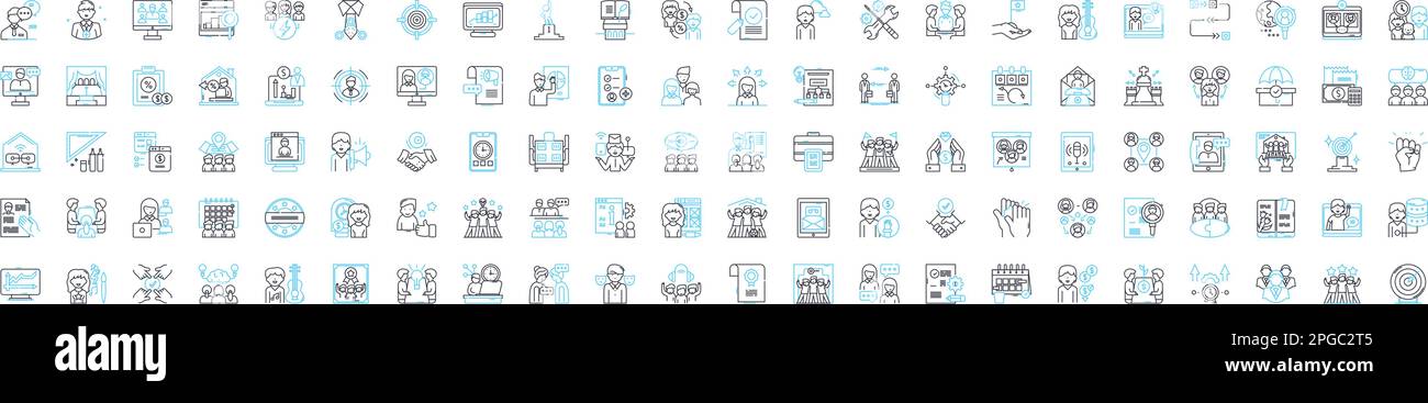 Set di icone di linee vettoriali per riunioni aziendali. Business, Meeting, Conferenza, cliente, Agenda, Gruppo, illustrazione della strategia delineare i simboli e i segnali del concetto Illustrazione Vettoriale