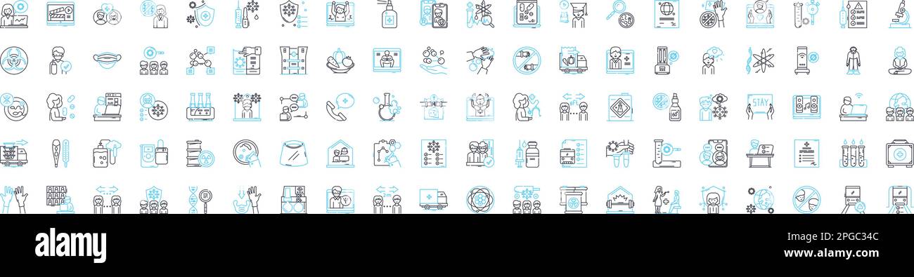 Set di icone di linee vettoriali per batteri e virus. Batteri, virus, microbi, patogeni, antibiotico, Concetto di illustrazione antimicrobica, antivirale Illustrazione Vettoriale