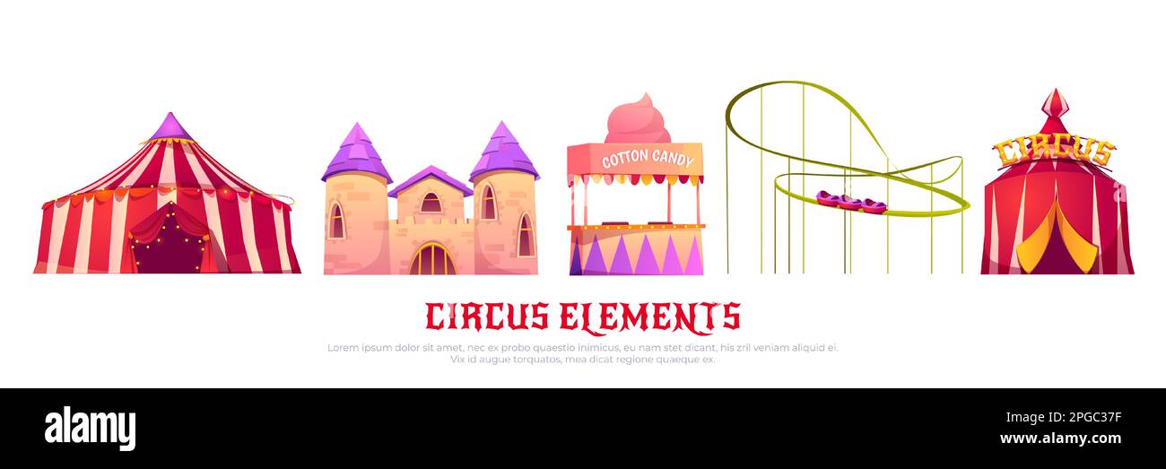 Luna Park con tenda da circo, montagne russe, castello e carrello di cotone caramella. Set di cartoni animati vettoriali di attrazioni nel parco divertimenti estivo isolato su sfondo bianco Illustrazione Vettoriale