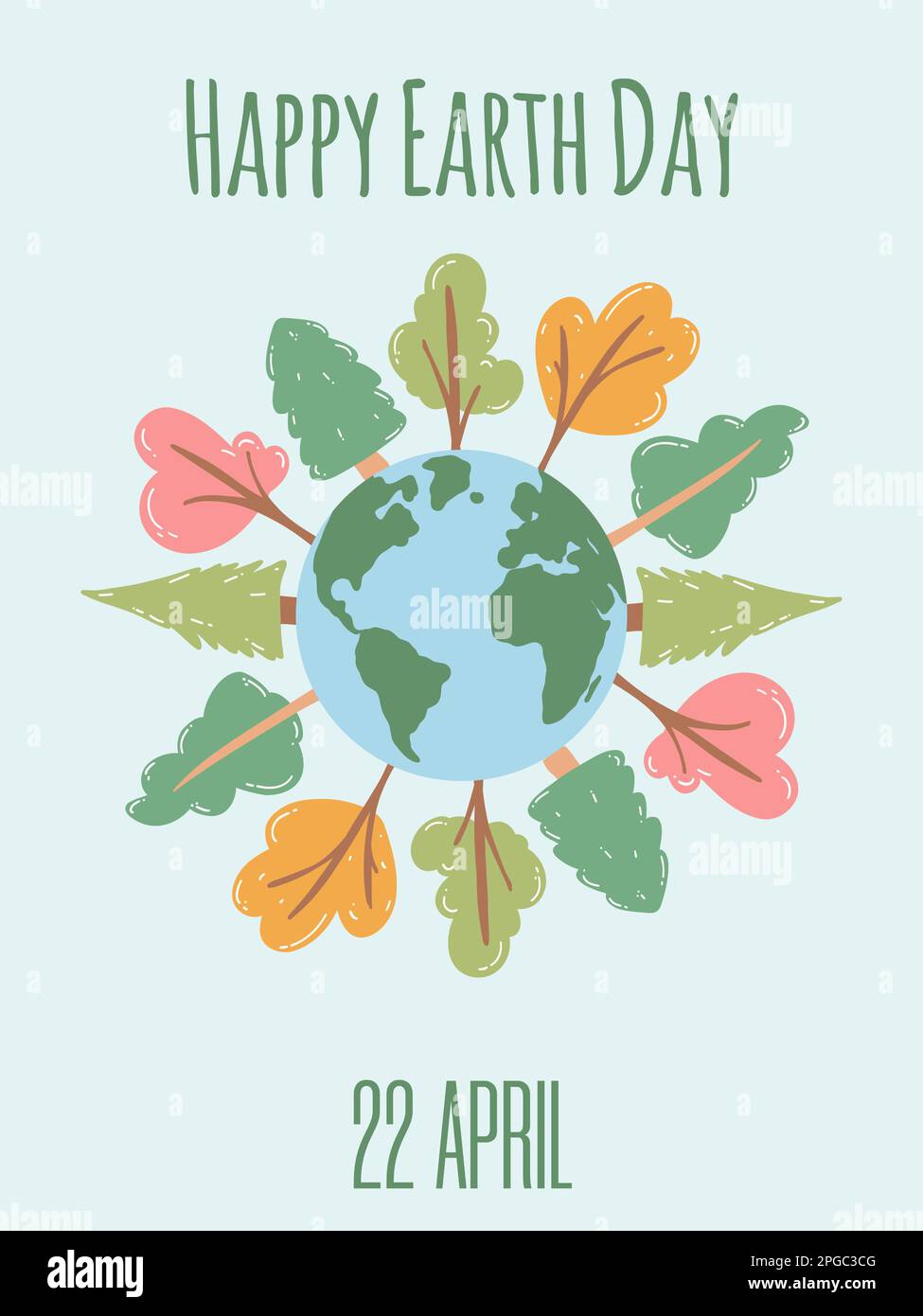 Buon giorno della Terra. Concetto di cura della natura, dei problemi ambientali e della protezione dell'ambiente. Illustrazione vettoriale del pianeta con alberi per Inter Illustrazione Vettoriale